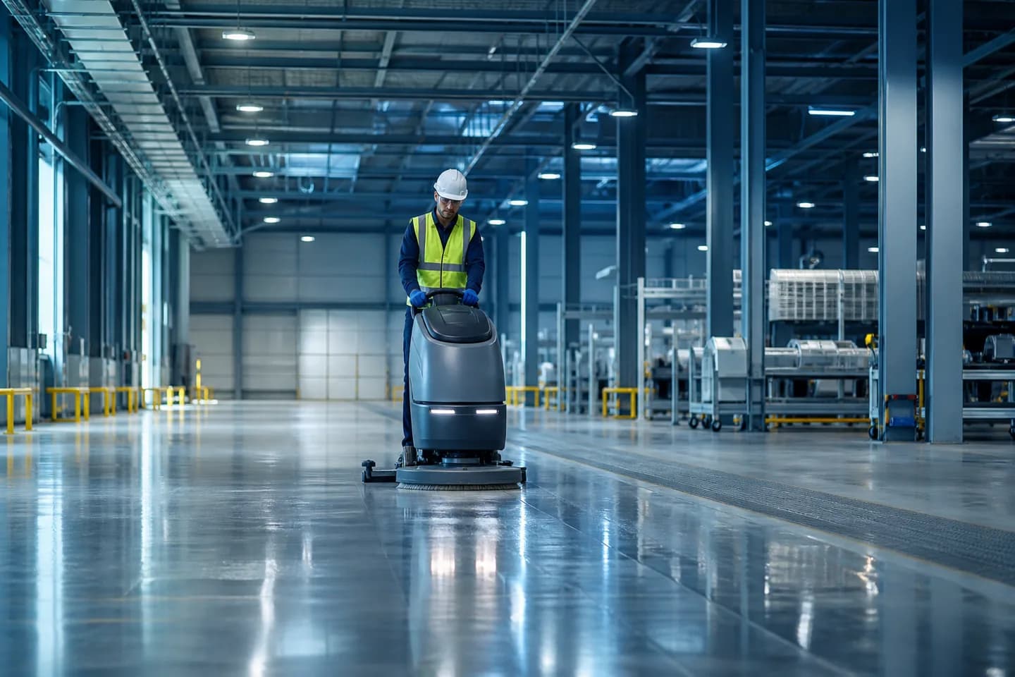 Maschinelle Bodenreinigung in einer Industriehalle
